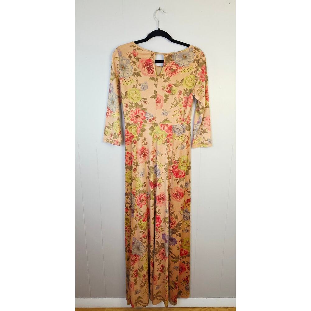 Orange Creek Maxi Dress Medium Suede Tan Floral 3/4 Sleeve Cottagecore Romantic - Picture 3 of 13